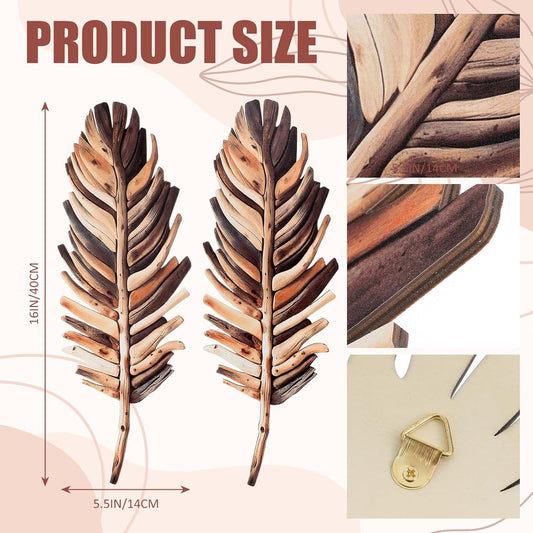 2 Pcs Wooden Driftwood Leaf Wall Art Decor Hanging Sculpture Farmhouse Botanical Hanging Living Room Bedroom Bathroom Kitchen Office Boho Home Decorations 16-5.5''(Vintage Brown)