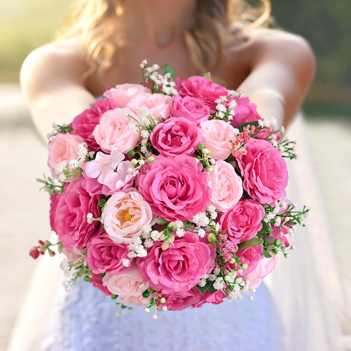 2 Bouquets Peonies Artificial Flowers, Mixed Pink Fake Flowers