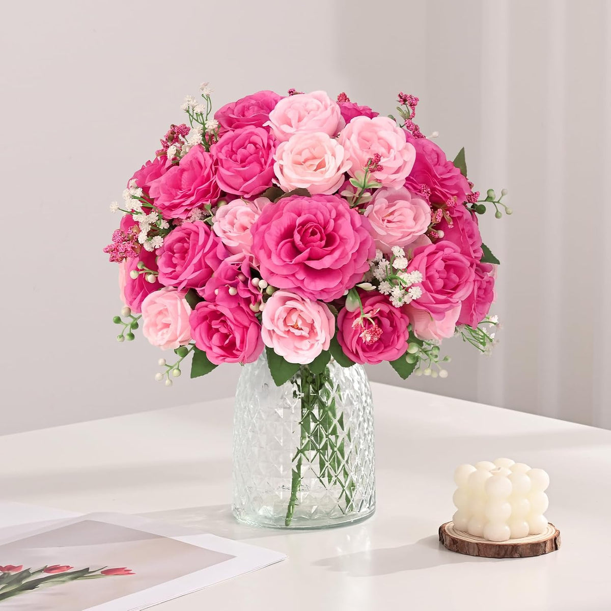 2 Bouquets Peonies Artificial Flowers, Mixed Pink Fake Flowers