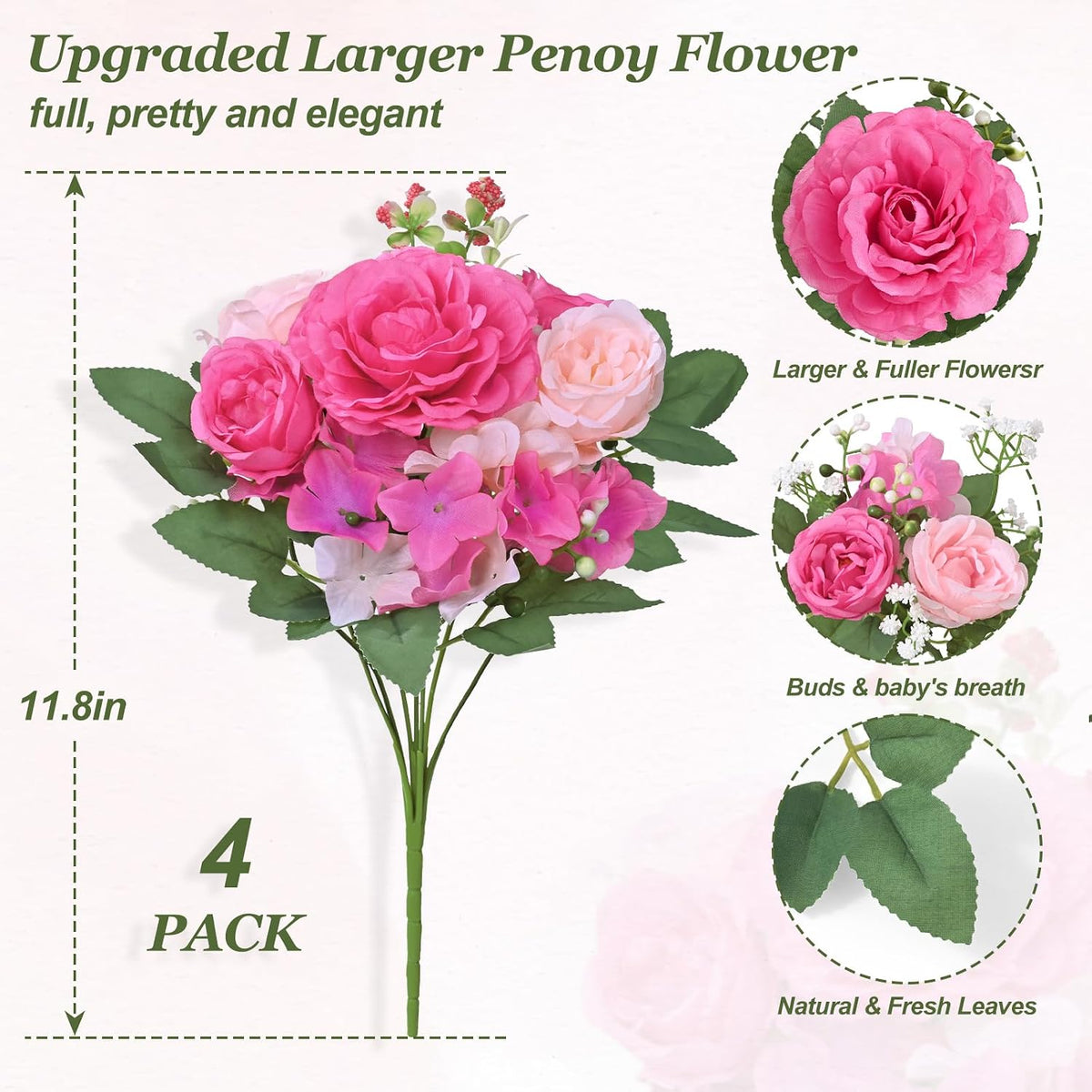 2 Bouquets Peonies Artificial Flowers, Mixed Pink Fake Flowers