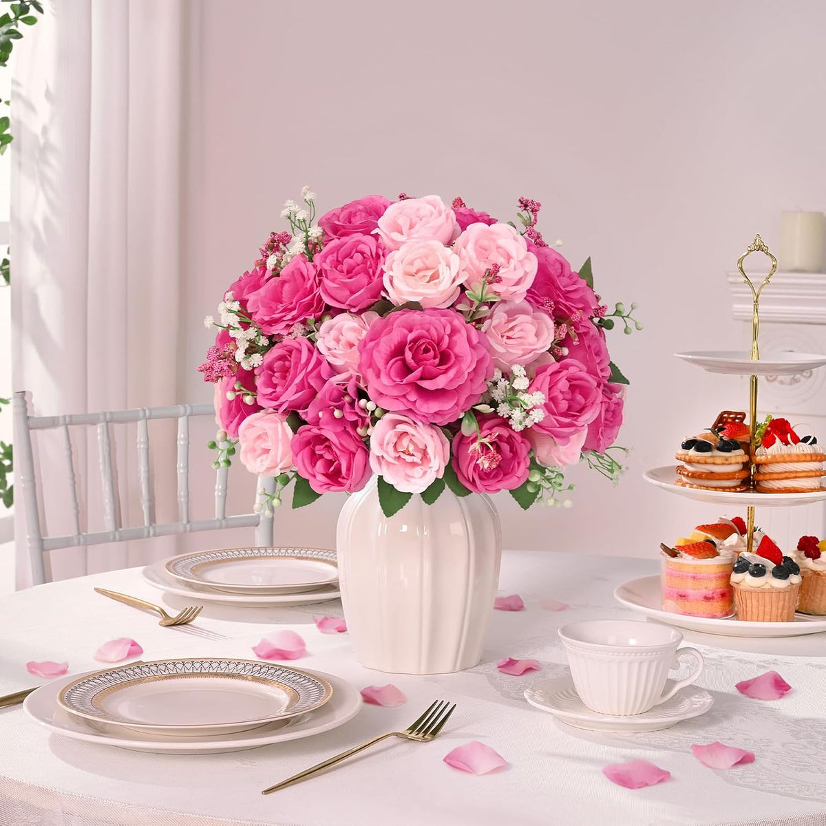 2 Bouquets Peonies Artificial Flowers, Mixed Pink Fake Flowers