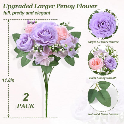 2 Bouquets Peonies Artificial Flowers, Mixed Pink Fake Flowers