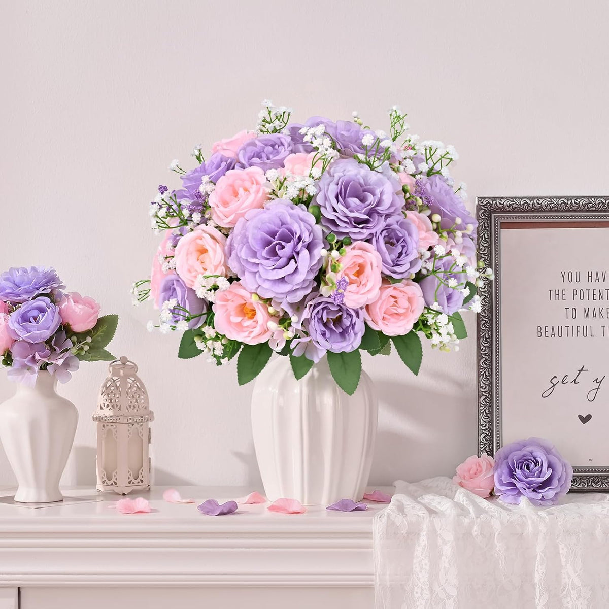 2 Bouquets Peonies Artificial Flowers, Mixed Pink Fake Flowers