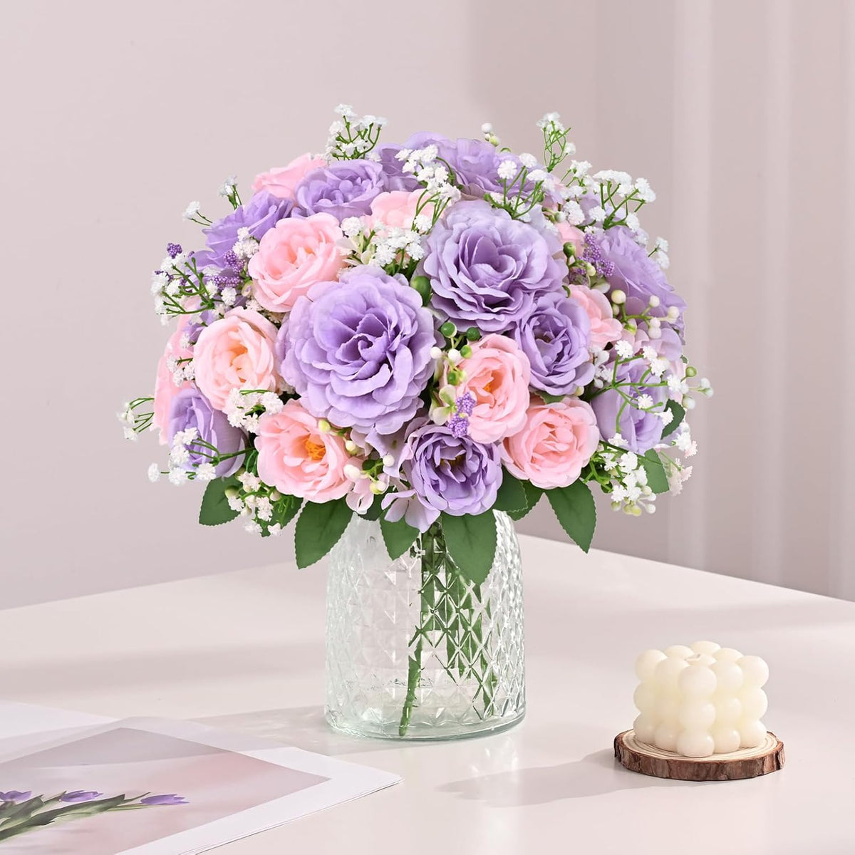 2 Bouquets Peonies Artificial Flowers, Mixed Pink Fake Flowers