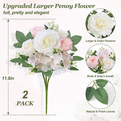 2 Bouquets Peonies Artificial Flowers, Mixed Pink Fake Flowers