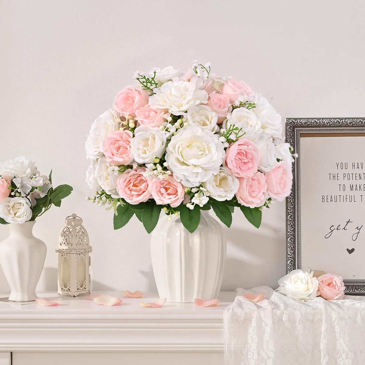 2 Bouquets Peonies Artificial Flowers, Mixed Pink Fake Flowers