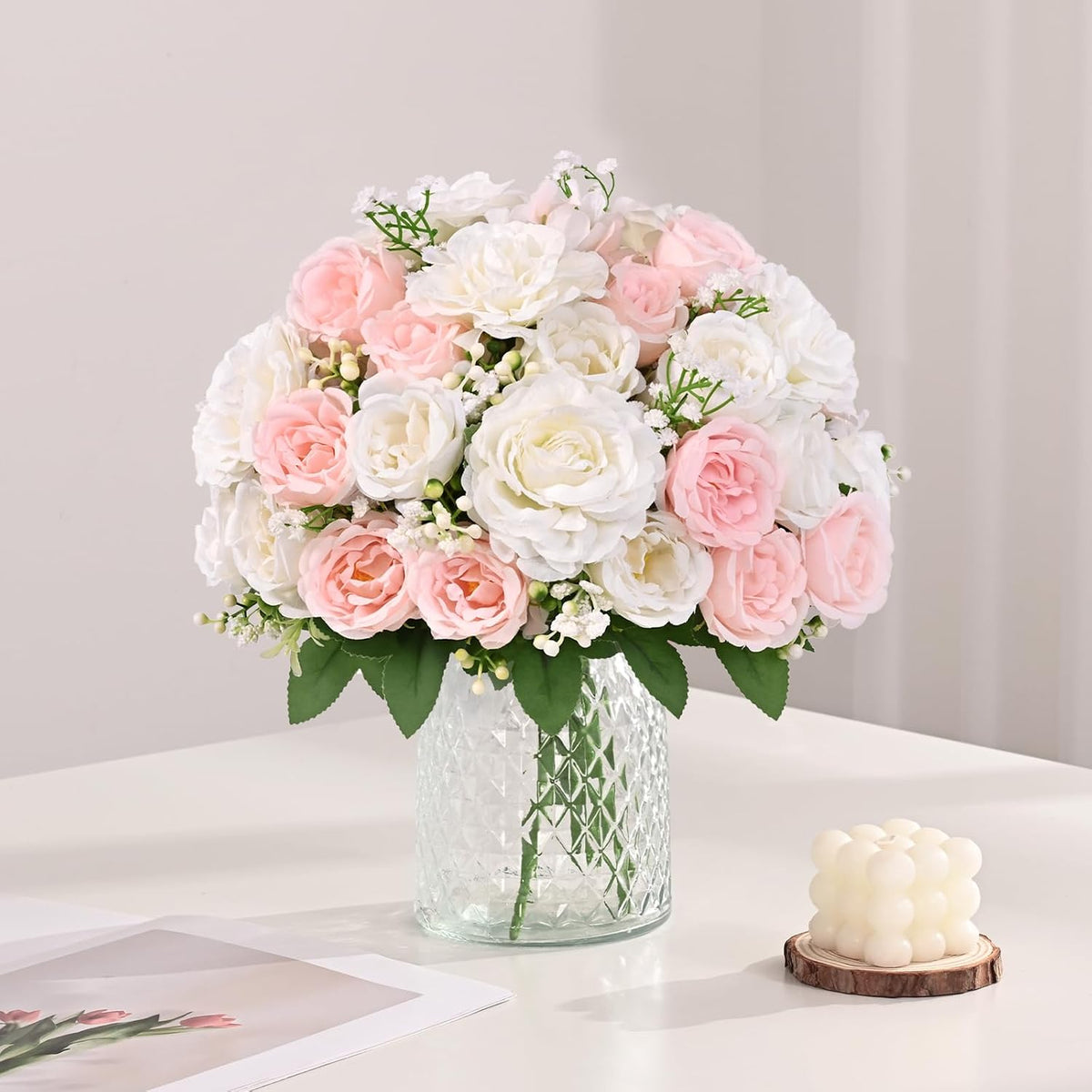 2 Bouquets Peonies Artificial Flowers, Mixed Pink Fake Flowers