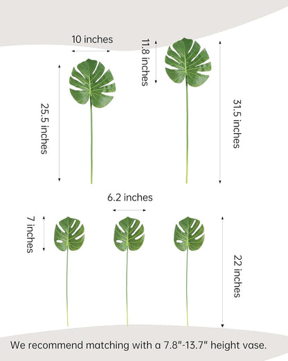 5pcs Artificial Monstera Leaves with Long Stem for Vase - Fake Tropical Plants Palm Leaves Realistic Turtle Leaves for Birthday Party Wedding Room Decor