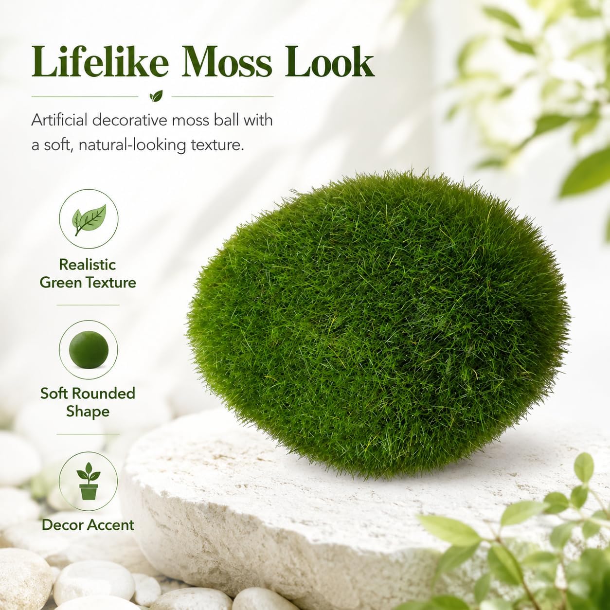 Artificial Moss Balls for Aquarium, Fake Moss Ball Decorative Rocks, Green Moss Covered Stones for Fish Tank Decor, Terrarium, Fairy Garden, Floral Arrangements (Medium 6 pcs)
