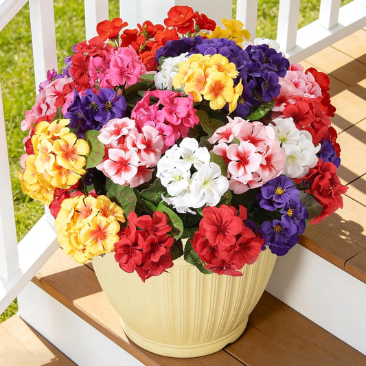 Artificial Geraniums Silk Artificial Flowers for Outdoor Indoor, Realistic UV Resistant Faux Geraniums, Fake Plants for Patio Porch Yard Garden Cemetery Home Table Centerpiece Decor(6, Mixed Colors)