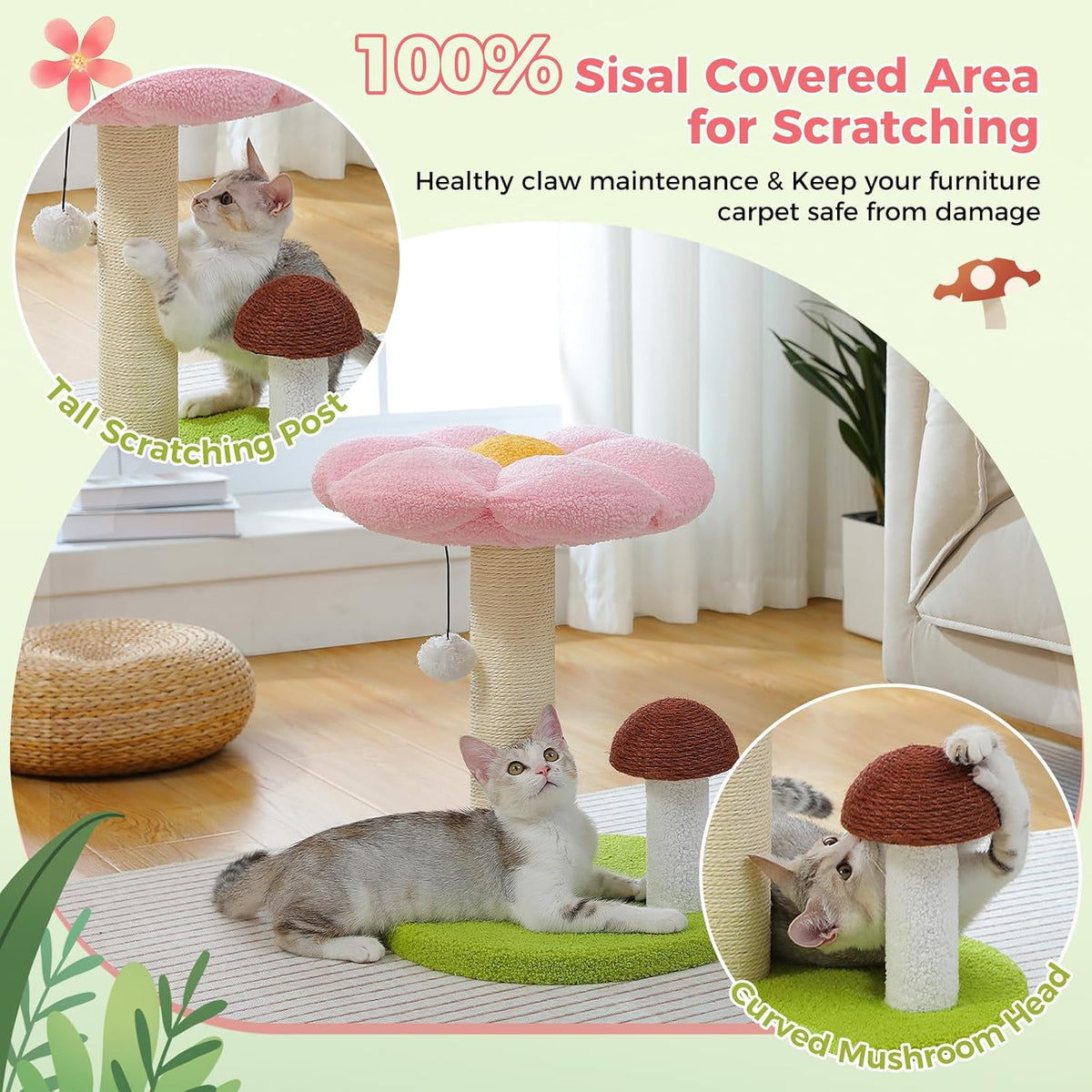 Mushroom Cat Scratcher with Flower Cat Bed, Post for Kittens, Pink