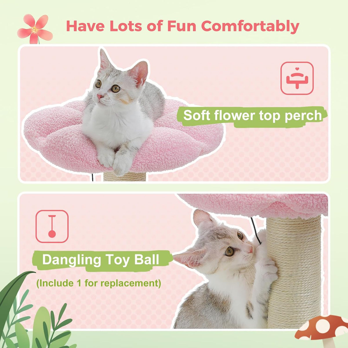 Mushroom Cat Scratcher with Flower Cat Bed, Post for Kittens, Pink