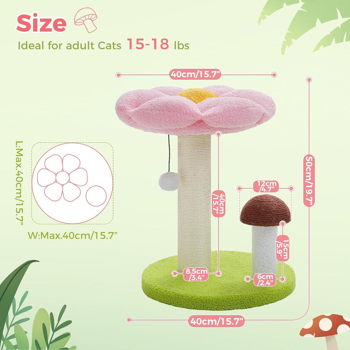 Mushroom Cat Scratcher with Flower Cat Bed, Post for Kittens, Pink