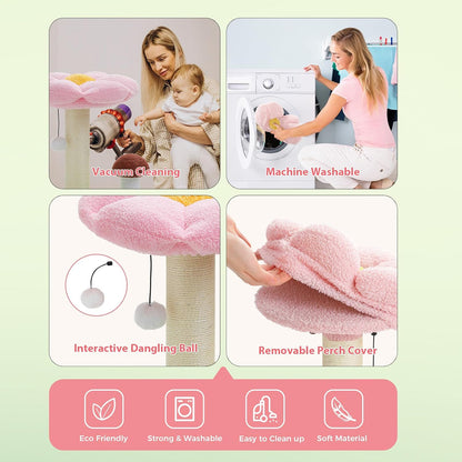 Mushroom Cat Scratcher with Flower Cat Bed, Post for Kittens, Pink