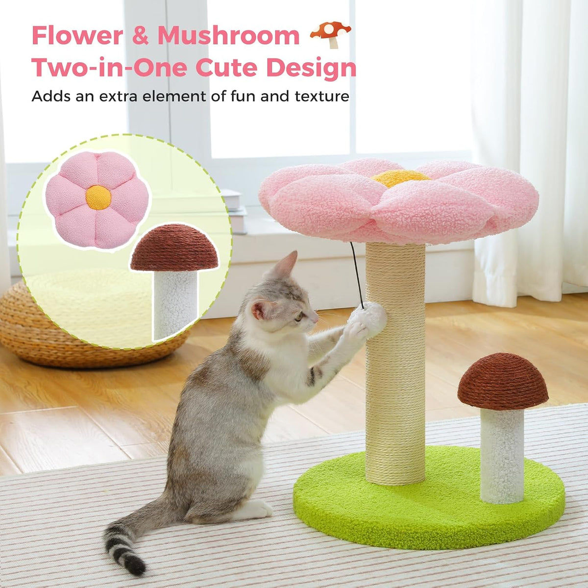 Mushroom Cat Scratcher with Flower Cat Bed, Post for Kittens, Pink