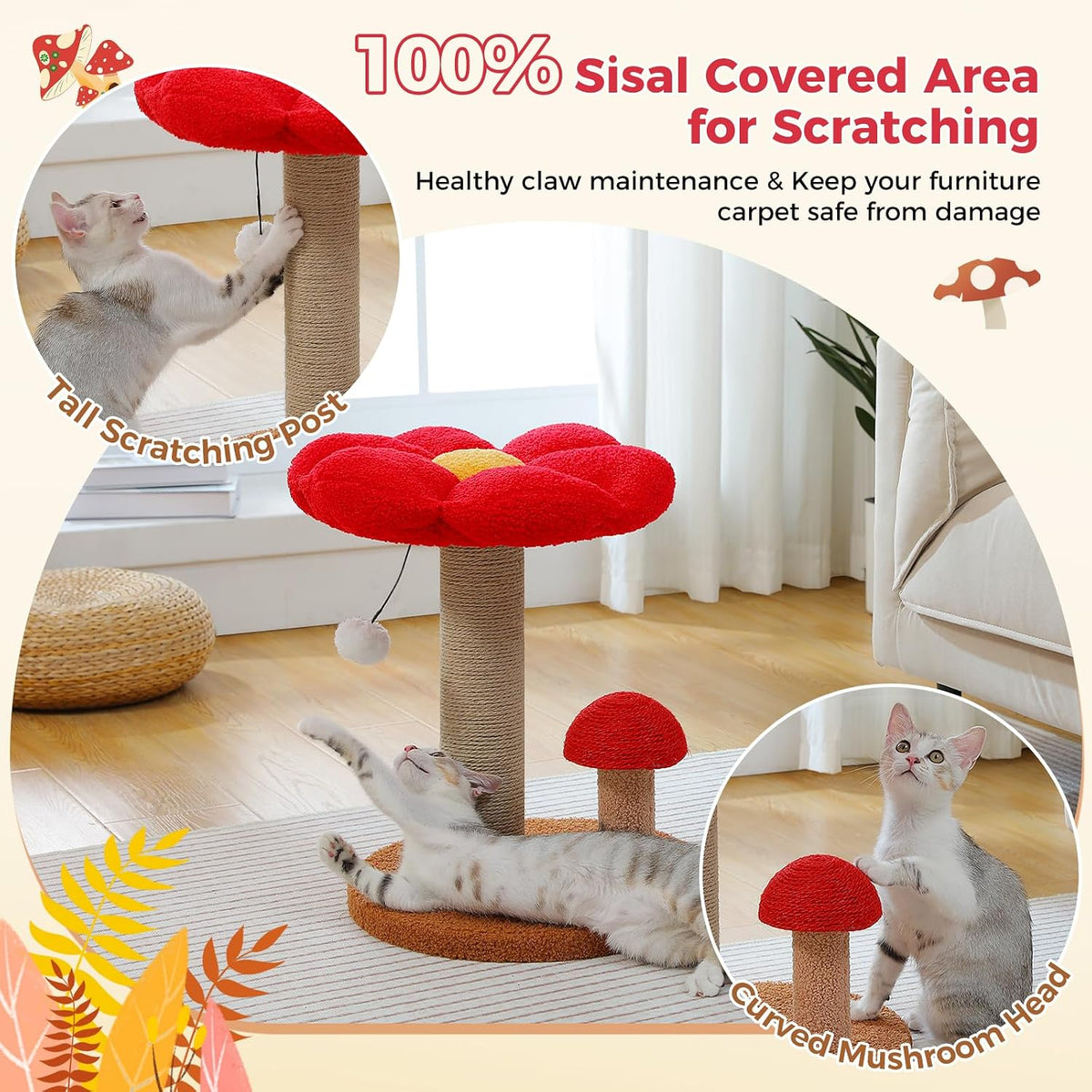 Mushroom Cat Scratcher with Flower Cat Bed, Post for Kittens, Pink