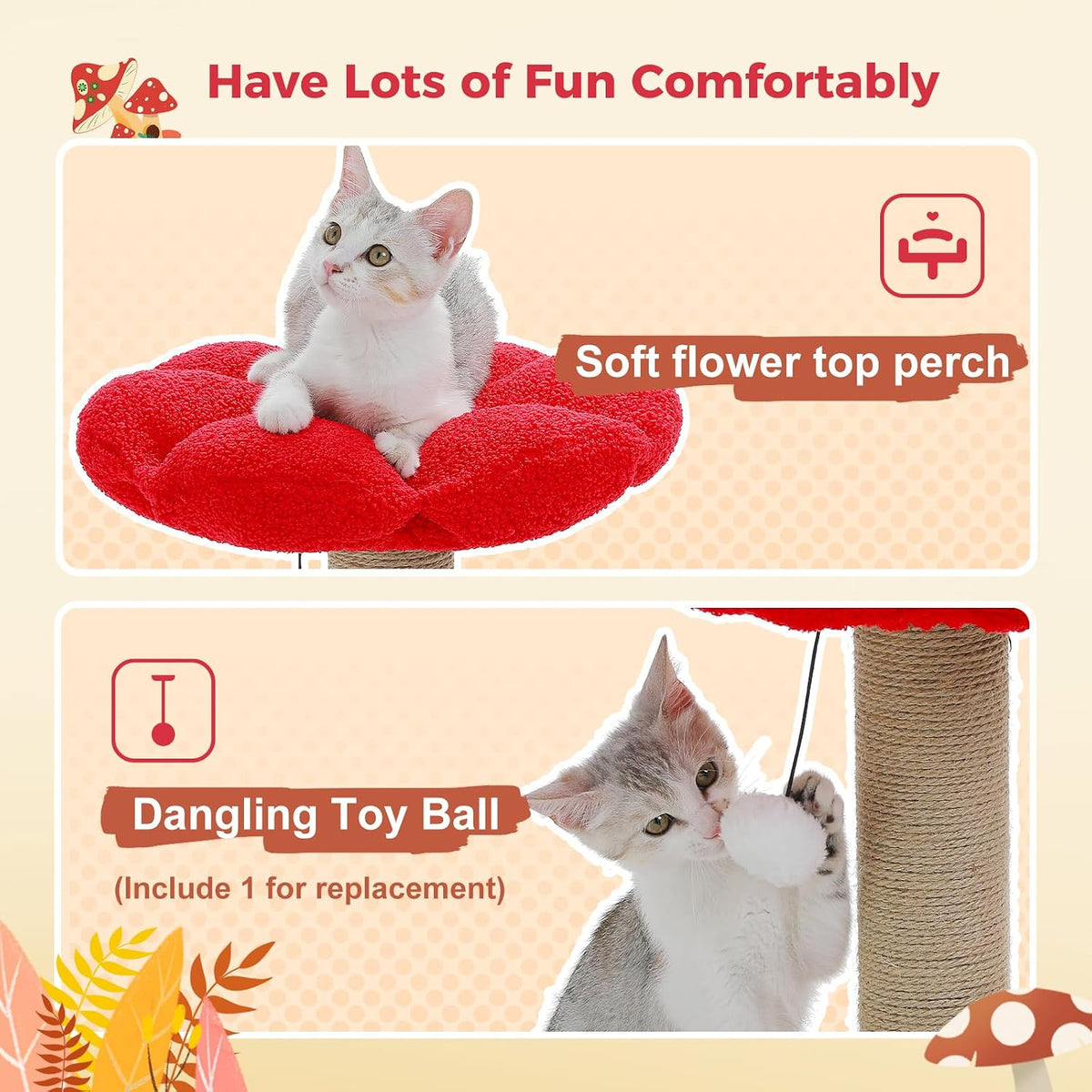 Mushroom Cat Scratcher with Flower Cat Bed, Post for Kittens, Pink