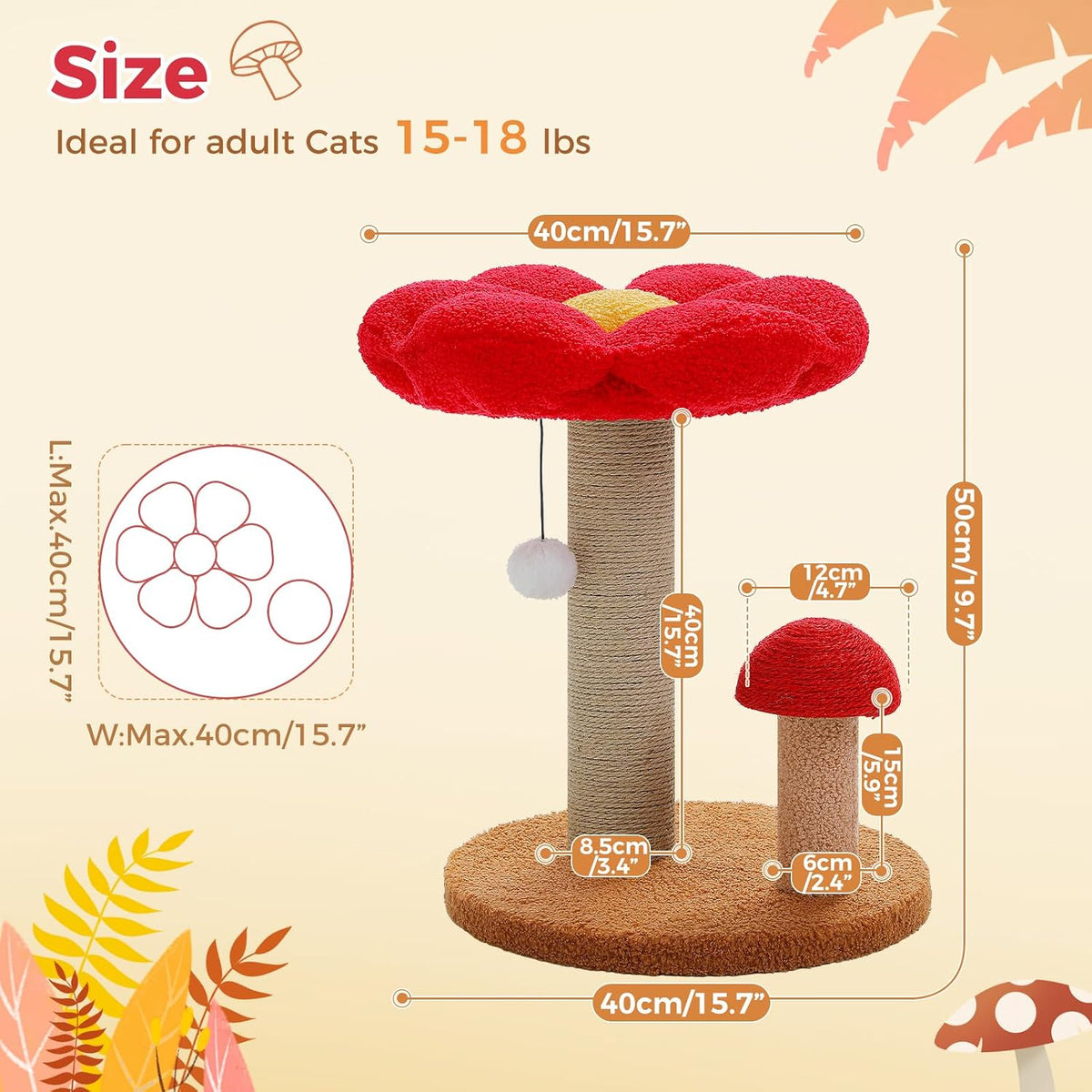 Mushroom Cat Scratcher with Flower Cat Bed, Post for Kittens, Pink