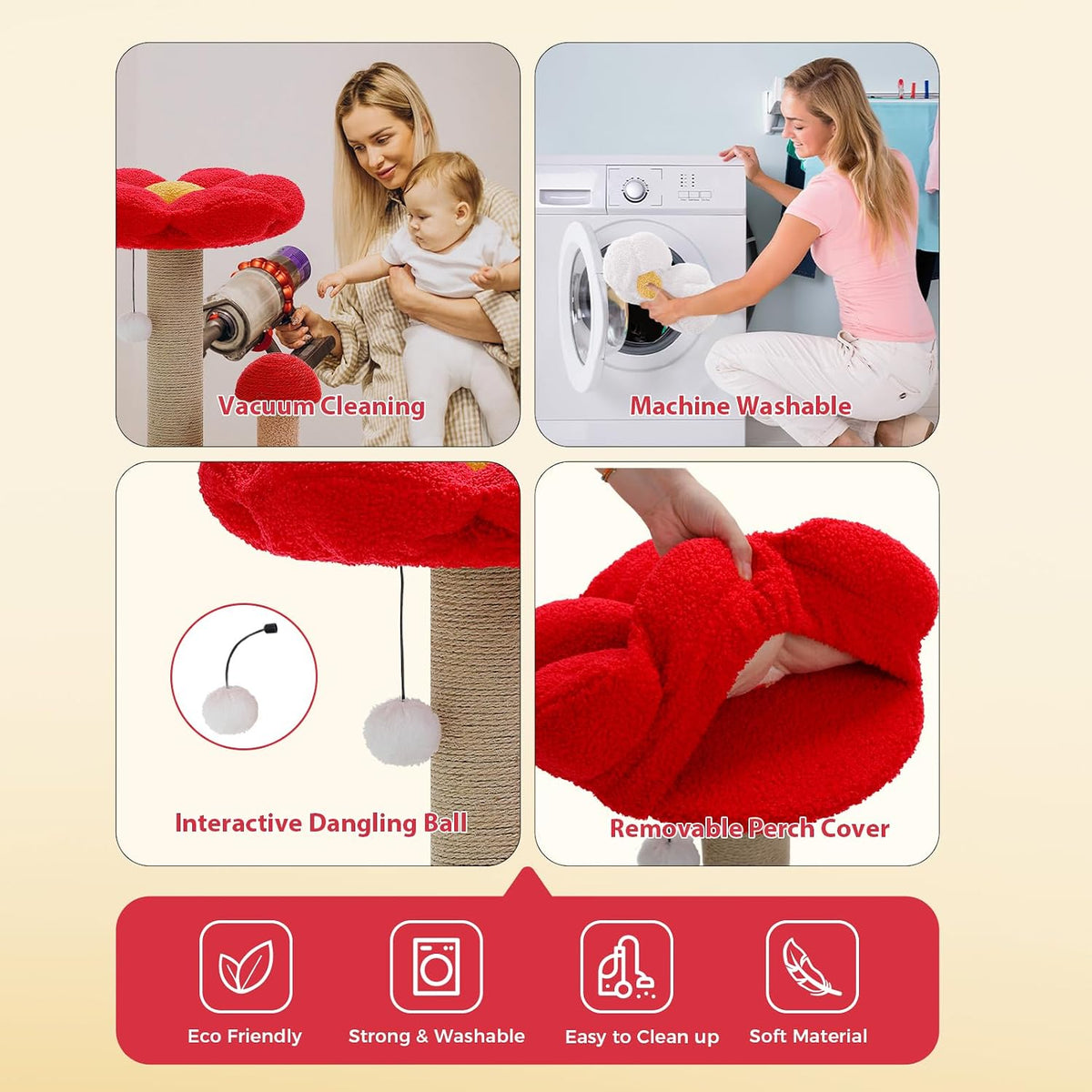 Mushroom Cat Scratcher with Flower Cat Bed, Post for Kittens, Pink