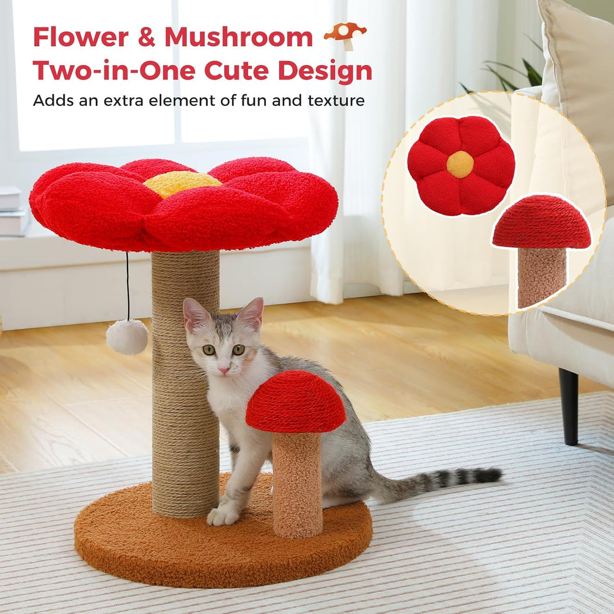 Mushroom Cat Scratcher with Flower Cat Bed, Post for Kittens, Pink