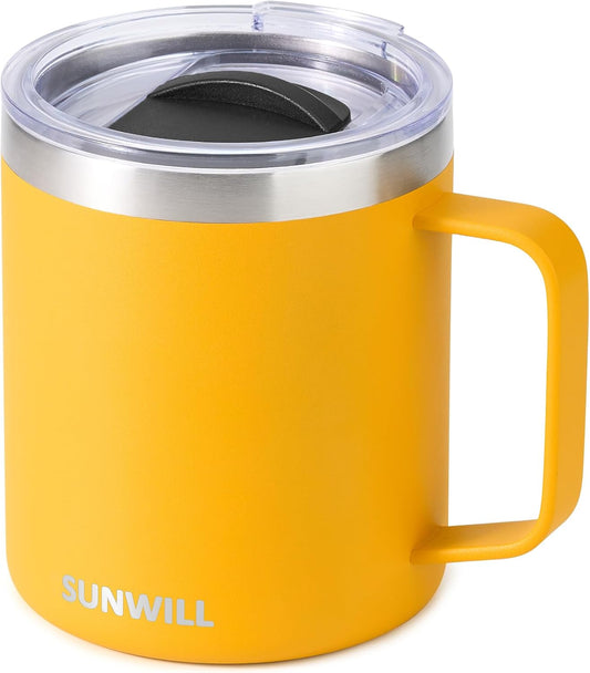 Insulated Coffee Mug with Lid, Travel Tumbler with Handle, 14 oz Stainless Steel Cup for Camping, Office, Home, Powder Coated Yellow