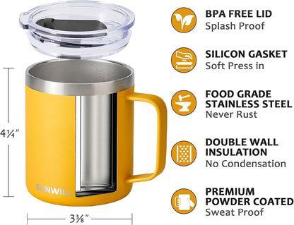 Insulated Coffee Mug with Lid, Travel Tumbler with Handle, 14 oz Stainless Steel Cup for Camping, Office, Home, Powder Coated Yellow