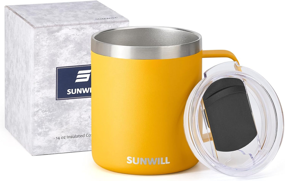 Insulated Coffee Mug with Lid, Travel Tumbler with Handle, 14 oz Stainless Steel Cup for Camping, Office, Home, Powder Coated Yellow