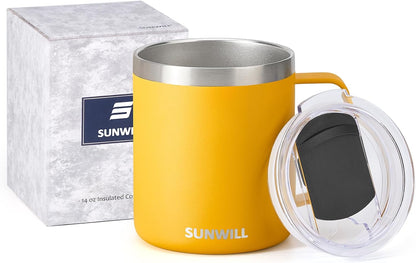 Insulated Coffee Mug with Lid, Travel Tumbler with Handle, 14 oz Stainless Steel Cup for Camping, Office, Home, Powder Coated Yellow