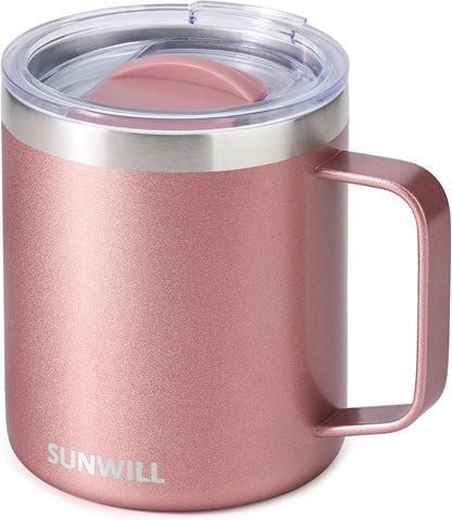 Insulated Coffee Mug with Lid, Travel Tumbler with Handle, 14 oz Stainless Steel Cup for Camping, Office, Home, Powder Coated Yellow
