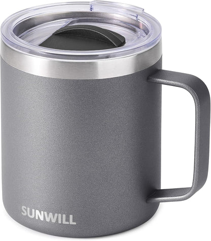 Insulated Coffee Mug with Lid, Travel Tumbler with Handle, 14 oz Stainless Steel Cup for Camping, Office, Home, Powder Coated Yellow