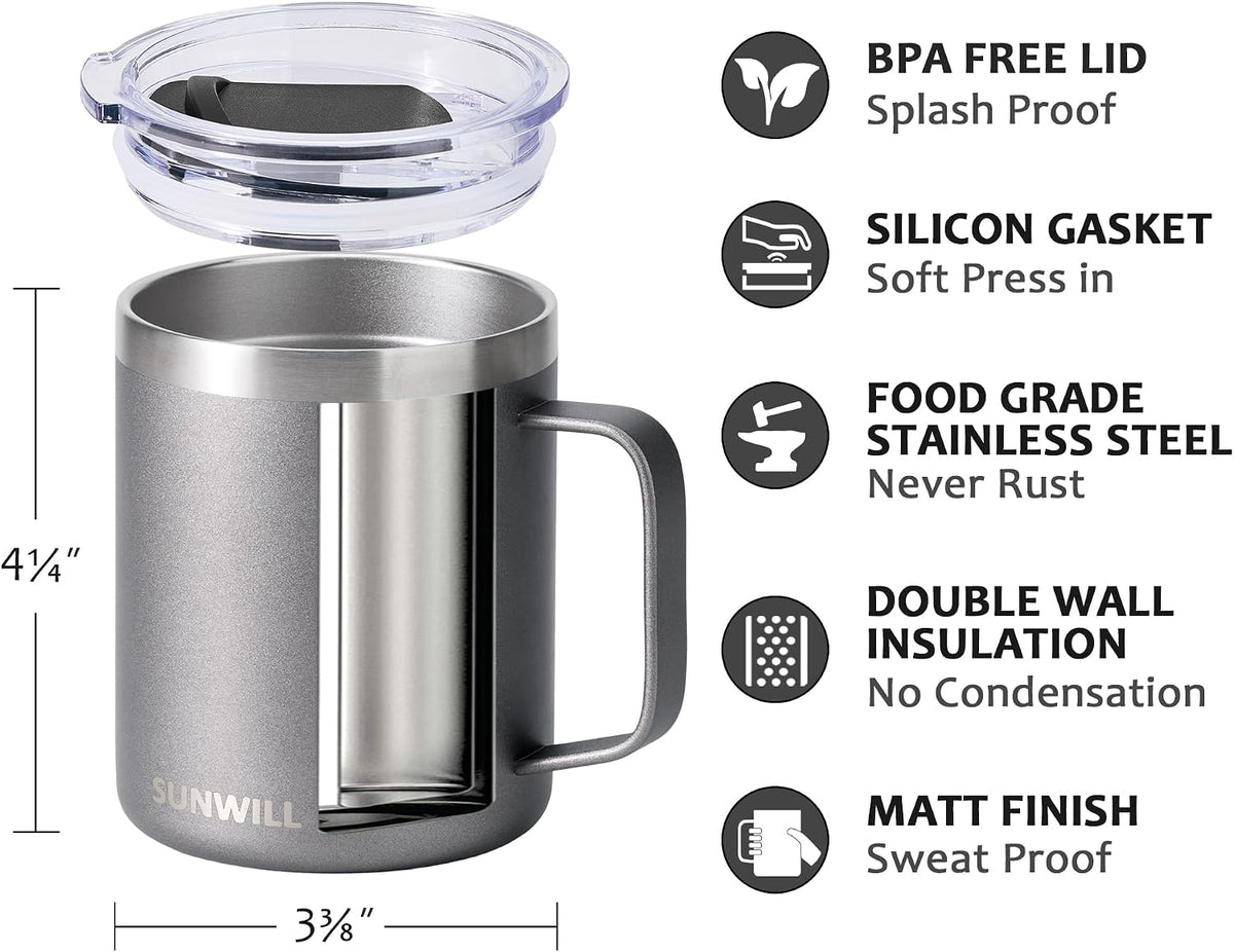 Insulated Coffee Mug with Lid, Travel Tumbler with Handle, 14 oz Stainless Steel Cup for Camping, Office, Home, Powder Coated Yellow