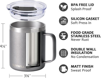 Insulated Coffee Mug with Lid, Travel Tumbler with Handle, 14 oz Stainless Steel Cup for Camping, Office, Home, Powder Coated Yellow