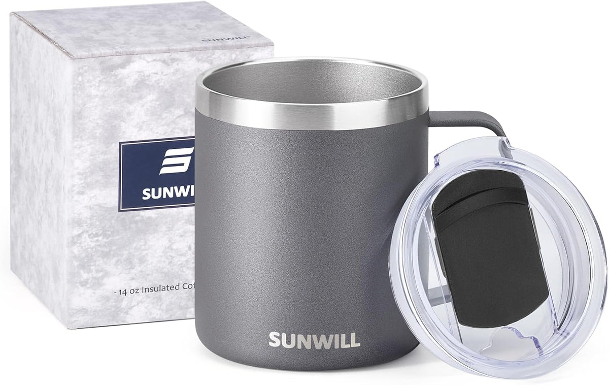 Insulated Coffee Mug with Lid, Travel Tumbler with Handle, 14 oz Stainless Steel Cup for Camping, Office, Home, Powder Coated Yellow