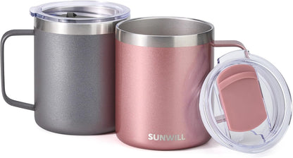 Insulated Coffee Mug with Lid, Travel Tumbler with Handle, 14 oz Stainless Steel Cup for Camping, Office, Home, Powder Coated Yellow