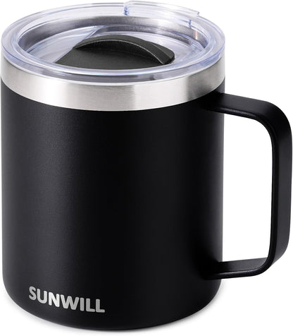 Insulated Coffee Mug with Lid, Travel Tumbler with Handle, 14 oz Stainless Steel Cup for Camping, Office, Home, Powder Coated Yellow