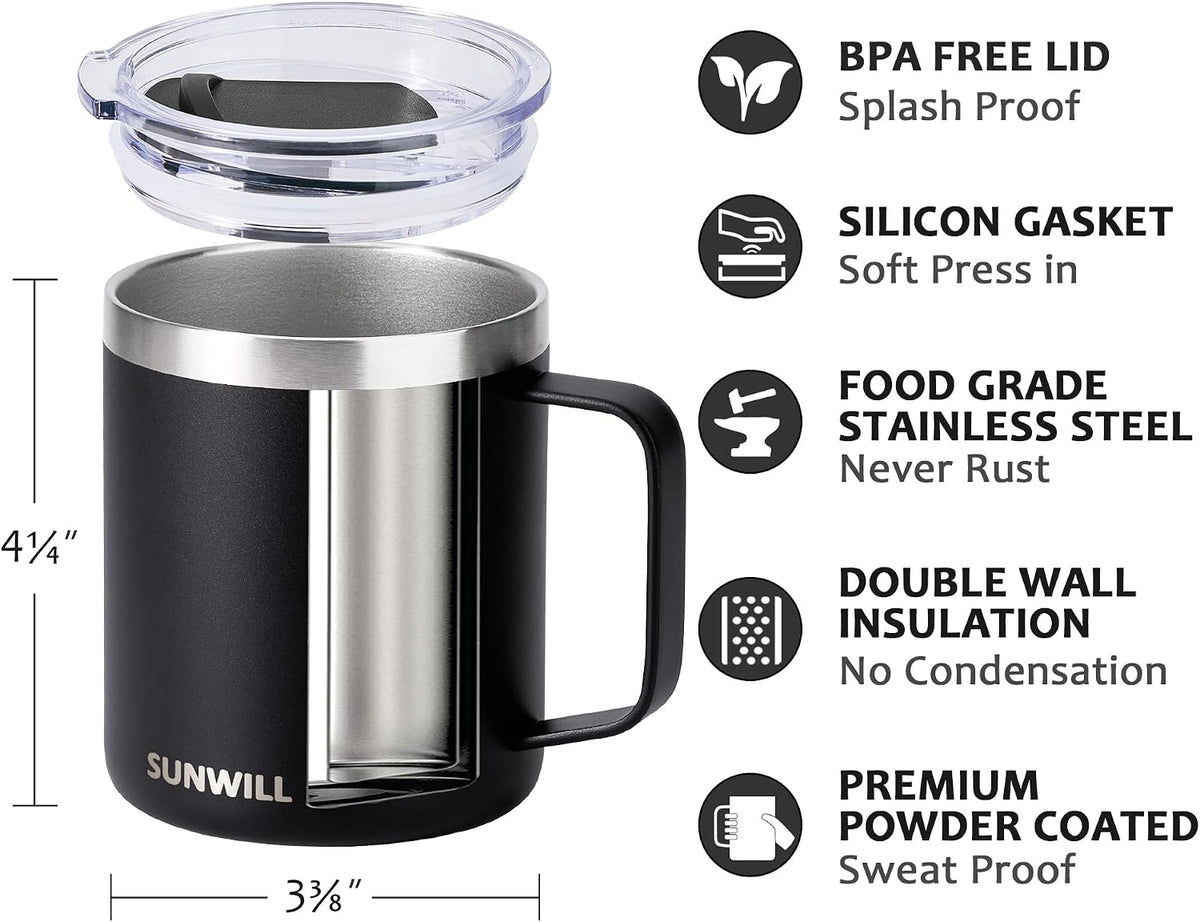 Insulated Coffee Mug with Lid, Travel Tumbler with Handle, 14 oz Stainless Steel Cup for Camping, Office, Home, Powder Coated Yellow