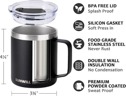 Insulated Coffee Mug with Lid, Travel Tumbler with Handle, 14 oz Stainless Steel Cup for Camping, Office, Home, Powder Coated Yellow