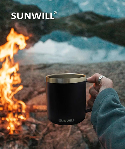 Insulated Coffee Mug with Lid, Travel Tumbler with Handle, 14 oz Stainless Steel Cup for Camping, Office, Home, Powder Coated Yellow