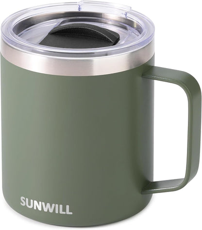 Insulated Coffee Mug with Lid, Travel Tumbler with Handle, 14 oz Stainless Steel Cup for Camping, Office, Home, Powder Coated Yellow