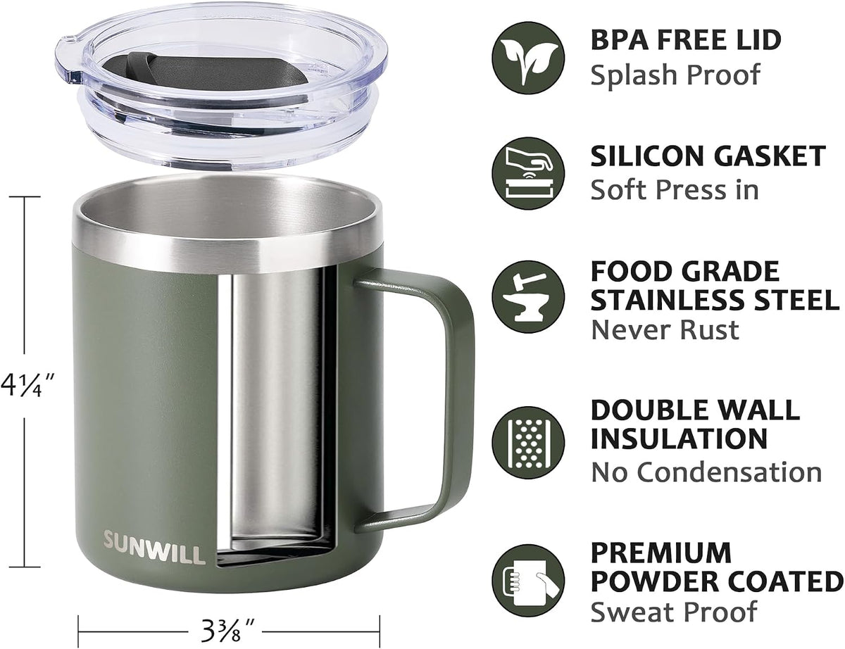 Insulated Coffee Mug with Lid, Travel Tumbler with Handle, 14 oz Stainless Steel Cup for Camping, Office, Home, Powder Coated Yellow