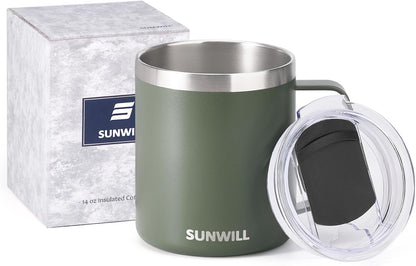 Insulated Coffee Mug with Lid, Travel Tumbler with Handle, 14 oz Stainless Steel Cup for Camping, Office, Home, Powder Coated Yellow