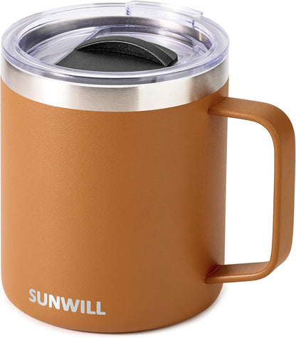 Insulated Coffee Mug with Lid, Travel Tumbler with Handle, 14 oz Stainless Steel Cup for Camping, Office, Home, Powder Coated Yellow