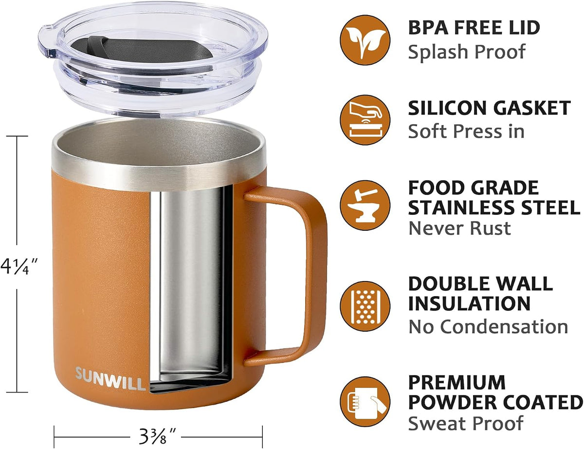 Insulated Coffee Mug with Lid, Travel Tumbler with Handle, 14 oz Stainless Steel Cup for Camping, Office, Home, Powder Coated Yellow