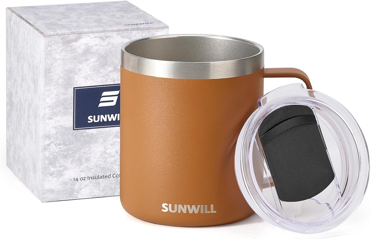 Insulated Coffee Mug with Lid, Travel Tumbler with Handle, 14 oz Stainless Steel Cup for Camping, Office, Home, Powder Coated Yellow