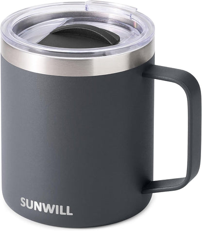 Insulated Coffee Mug with Lid, Travel Tumbler with Handle, 14 oz Stainless Steel Cup for Camping, Office, Home, Powder Coated Yellow