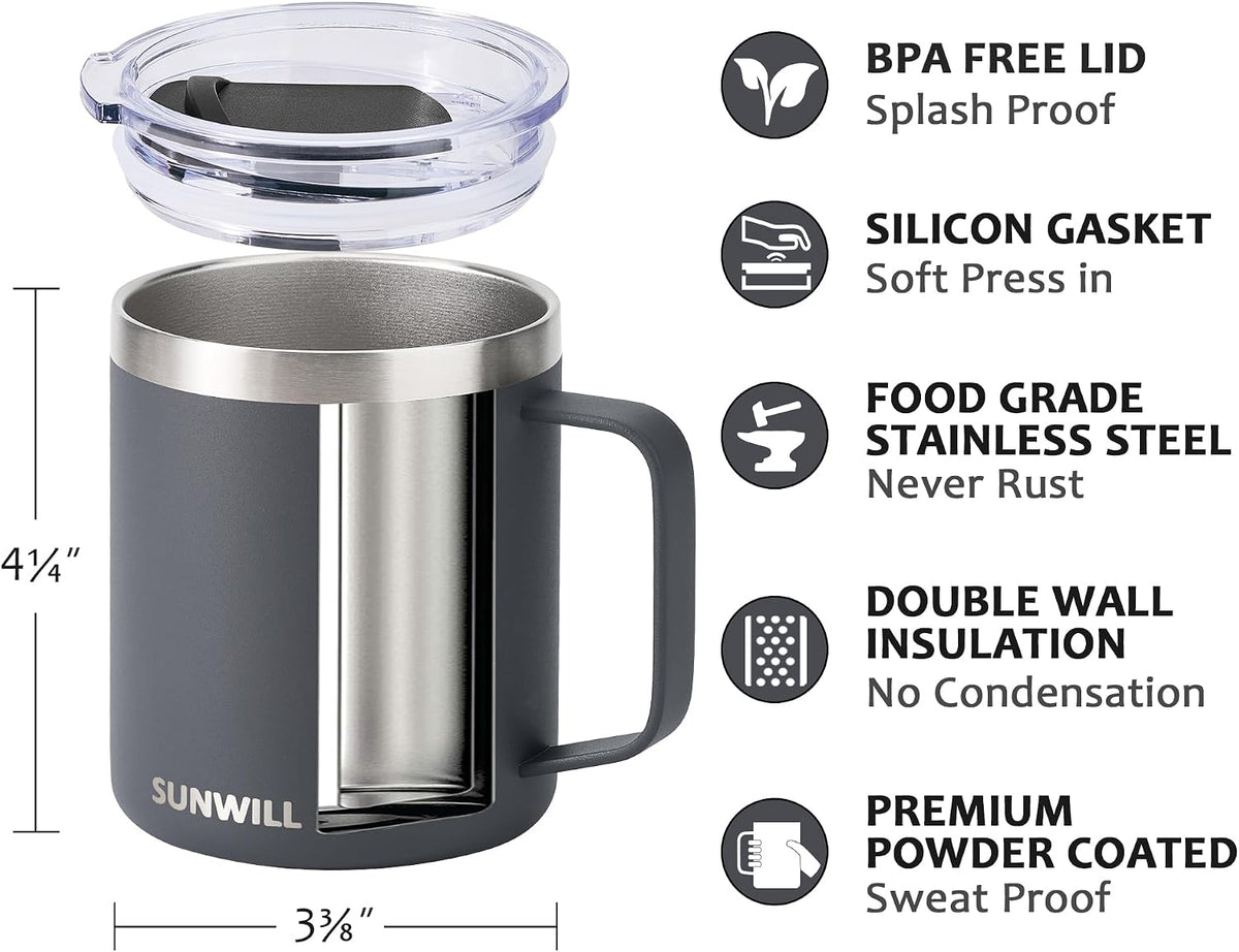 Insulated Coffee Mug with Lid, Travel Tumbler with Handle, 14 oz Stainless Steel Cup for Camping, Office, Home, Powder Coated Yellow