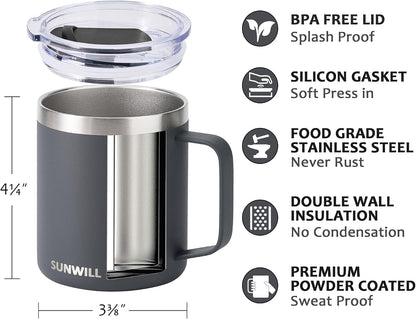 Insulated Coffee Mug with Lid, Travel Tumbler with Handle, 14 oz Stainless Steel Cup for Camping, Office, Home, Powder Coated Yellow