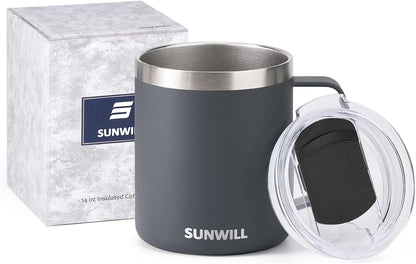 Insulated Coffee Mug with Lid, Travel Tumbler with Handle, 14 oz Stainless Steel Cup for Camping, Office, Home, Powder Coated Yellow