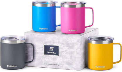 Insulated Coffee Mug with Lid, Travel Tumbler with Handle, 14 oz Stainless Steel Cup for Camping, Office, Home, Powder Coated Yellow