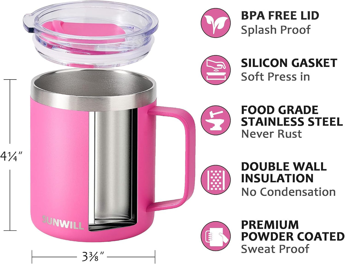 Insulated Coffee Mug with Lid, Travel Tumbler with Handle, 14 oz Stainless Steel Cup for Camping, Office, Home, Powder Coated Yellow